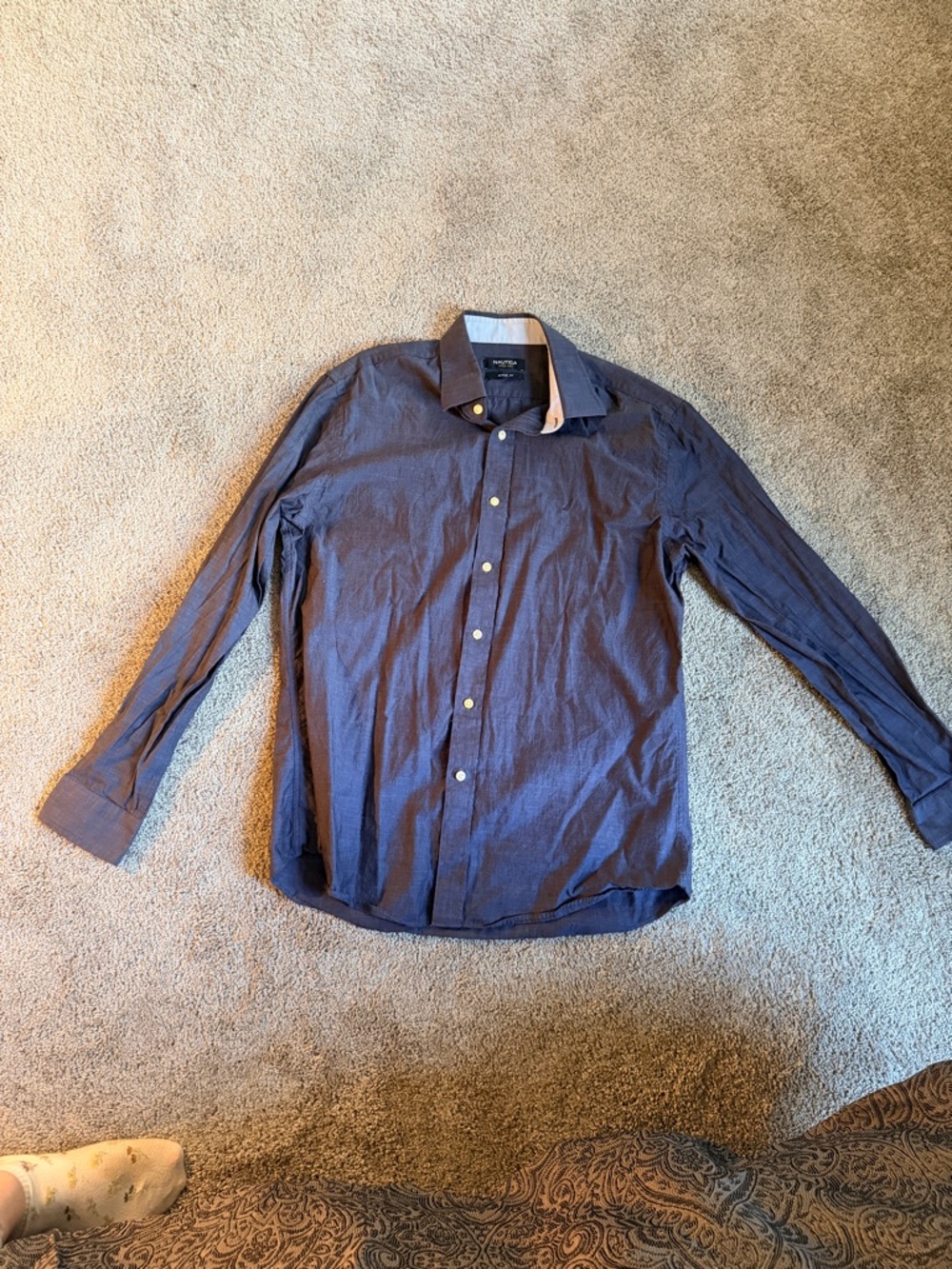 Nautica Navy Button-Down Dress Shirt with Contrast Collar